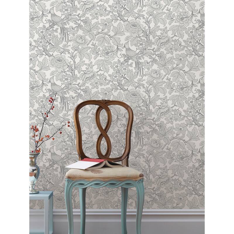 A-Street Prints Beaufort Light Grey Peony Chinoiserie Wallpaper