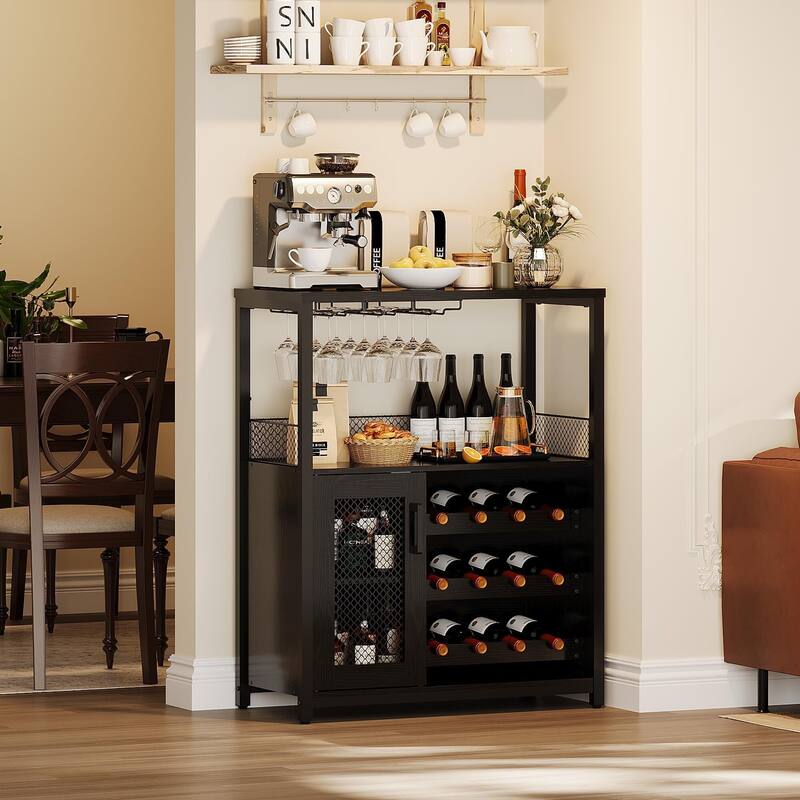 3-Tier Wine Bar Cabinet with LED Lights, Detachable Wine Rack and Storage Space, Small Liquor Bar Cabinet