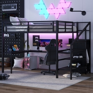 Metal Queen Size Loft Bed with L-shaped Desk and USB,Wardrobe and LED for Kids Bedroom
