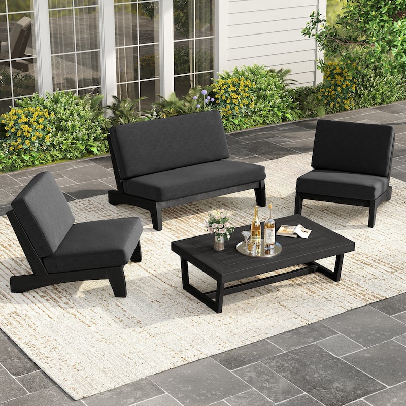 4 Piece Outdoor Wood Loveseat Chair Conversation Set with Cushion