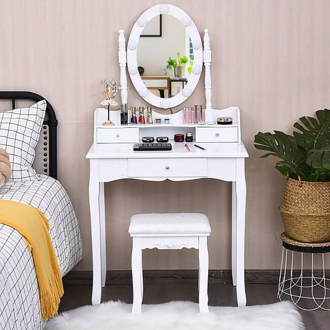 Oval Mirror Vanity Set with 10 LED Dimmable Bulbs and 3 Drawers - 29.5" x 16" x 56.5" (L x W x H)