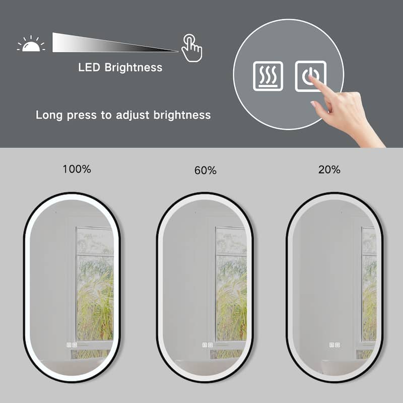 20" x 40" Pill Shape Metal Frame LED Anti-fog Bathroom Vanity Mirror