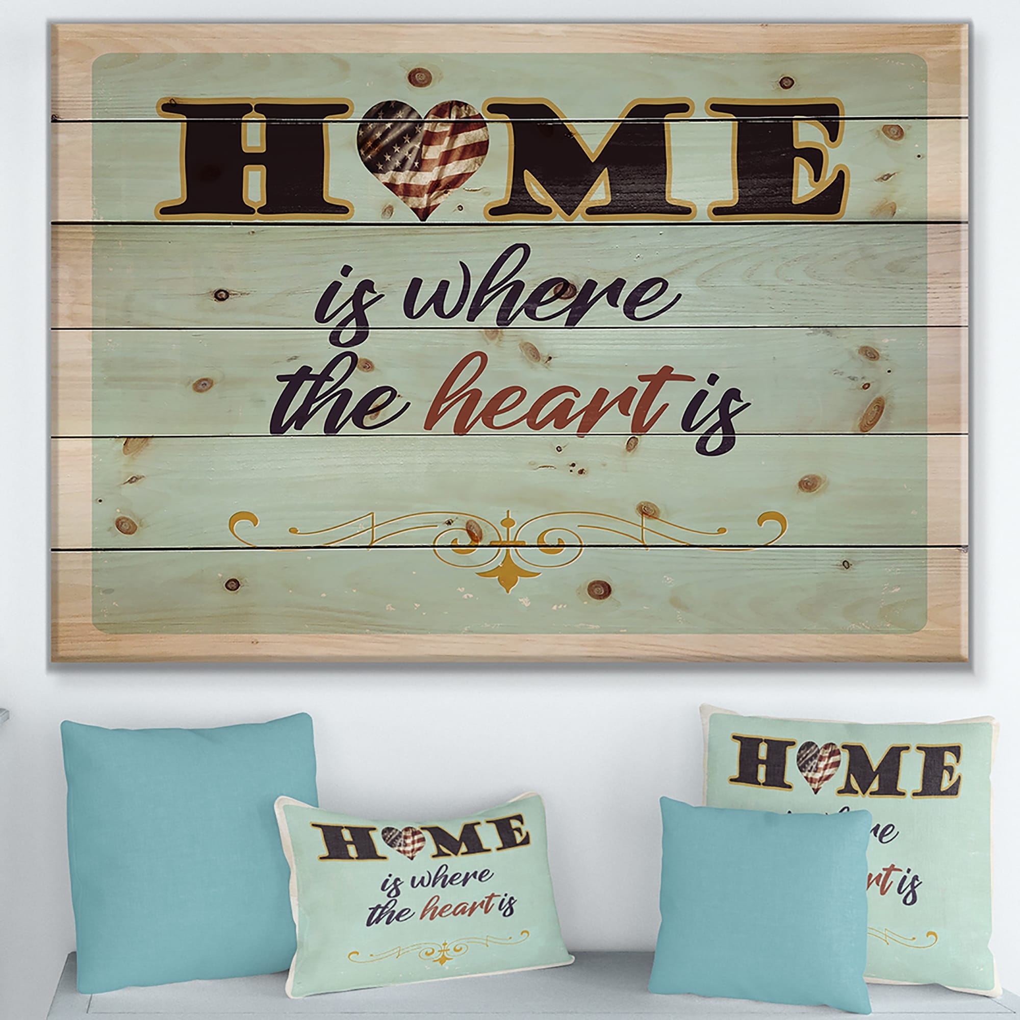 Designart 'Home is where the heart is' Textual Entrance Art on Wood Wall Art  - Green - Bed Bath \u0026 Beyond - 23567075, image size:2000x2000
