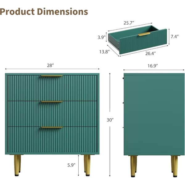 dimension image slide 7 of 15, Modern Natural Wood Color Fluted Dresser, Wooden Chest with Gold Metal Handles & Legs