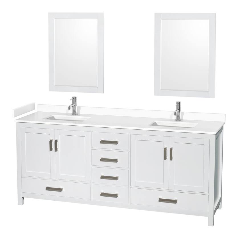 Sheffield Double Bathroom Vanity Set, Cultured Top, 24-Inch Mirrors - 80-Inch Double - White, White Cultured Marble Counter