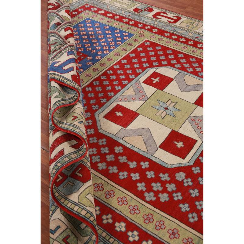 Hand Knotted Oriental 100% Wool Carpet Traditional Geometric Multi-Colored Kazak Area Rug - 11' 4'' X 8' 5''