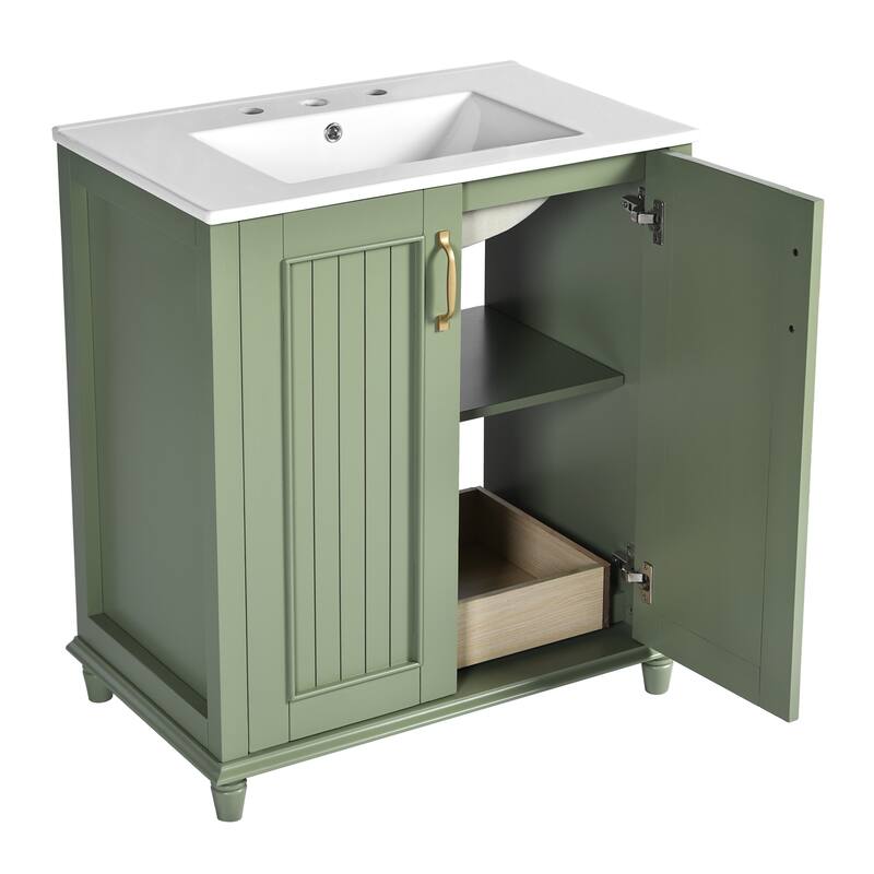 Rural Pastoral Style Bathroom Vanity Freestanding Vertical Stripe Cabinet with Ceramic Sink, Hidden Drawer and Gold Handles