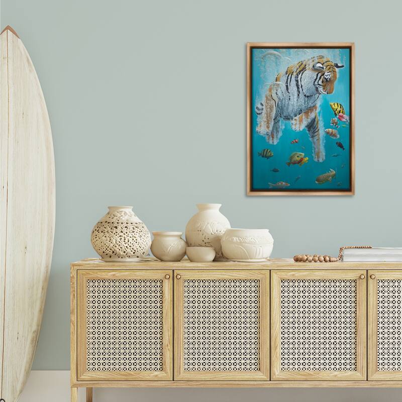 Stupell Swimming Tiger Among Fish Framed Floater Canvas Wall Art Design By Heather Gauthier