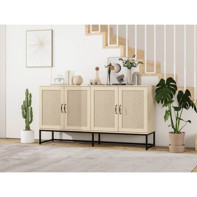 Engineered Rattan Buffet Accent Storage Cabinet 4-Door Sideboard with Adjustable Shelf, Cupboard Console Table Hallway Cabinet