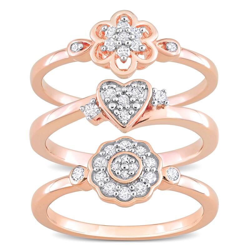 Miadora 3/8ct TW Diamond Heart Flower Rings 3-Piece Set Rose Silver
