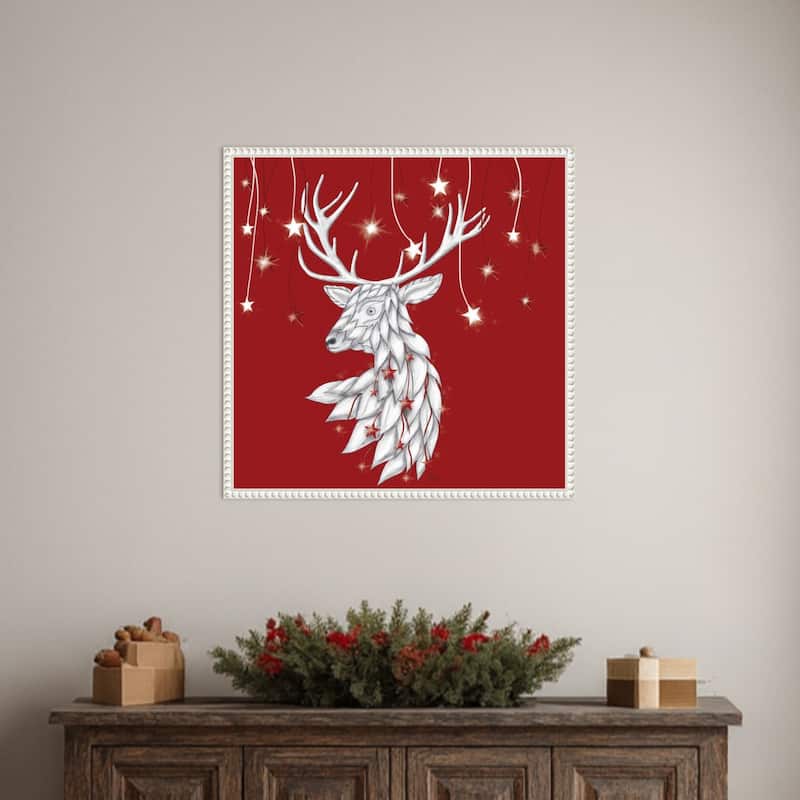 White Deer and Hanging Stars by Fab Funky (22 x 22 in.), Framed Canvas Wall Art Print - Sylvie Beaded White