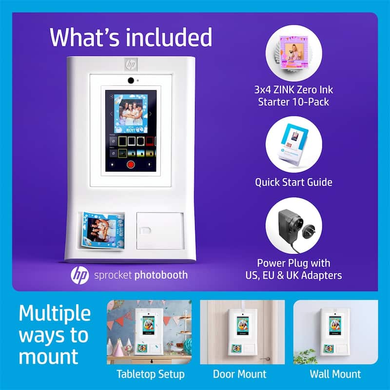 HP Sprocket Photobooth 3" x 4" Color Photo Printer with Touch Screen, LED Ring Light, Wi-Fi - White