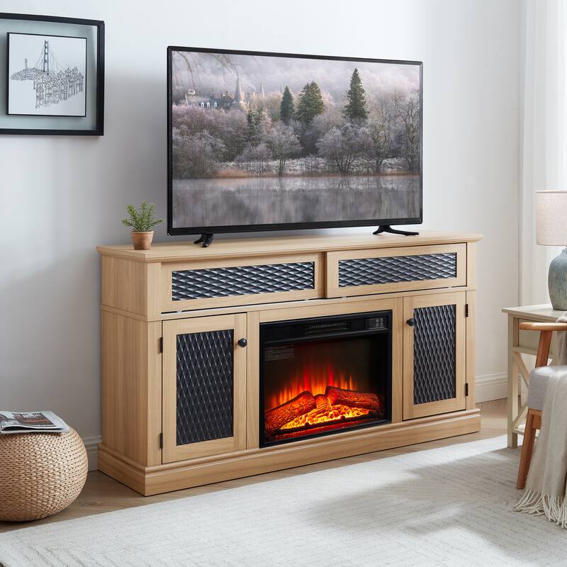 Modern Fireplace TV Stand with Sliding Door, Open and Closed Storage Space, for Living Rooms and Bedrooms, Light Oak