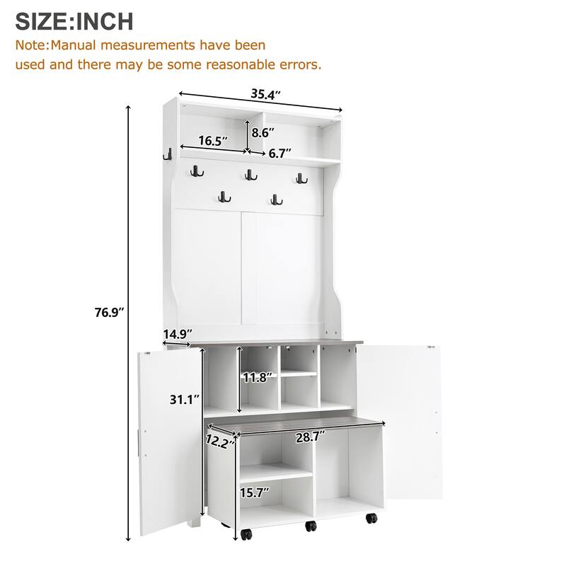 Farmhouse 4-in-1 Hall Tree with Barn Doors, Movable Bench with 7 Hanging Hooks and Shoe Storage Cabinet