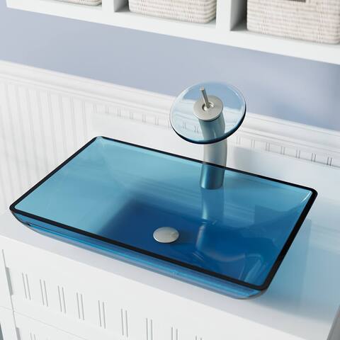 640 Aqua Colored Glass Vessel Bathroom Sink, with Brushed Nickel Vessel Faucet, and Vessel Pop-up Drain