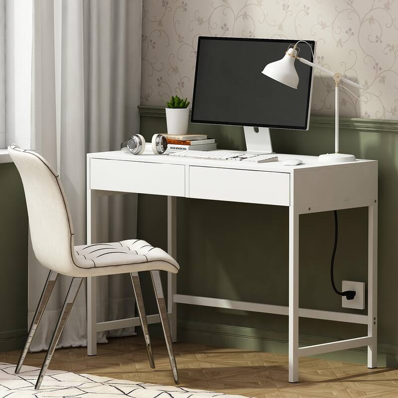40" Charging Station Desk with 2 Outlets & 2 USB Ports - 2-Drawer Computer/Vanity Desk for Office or Bedroom - White