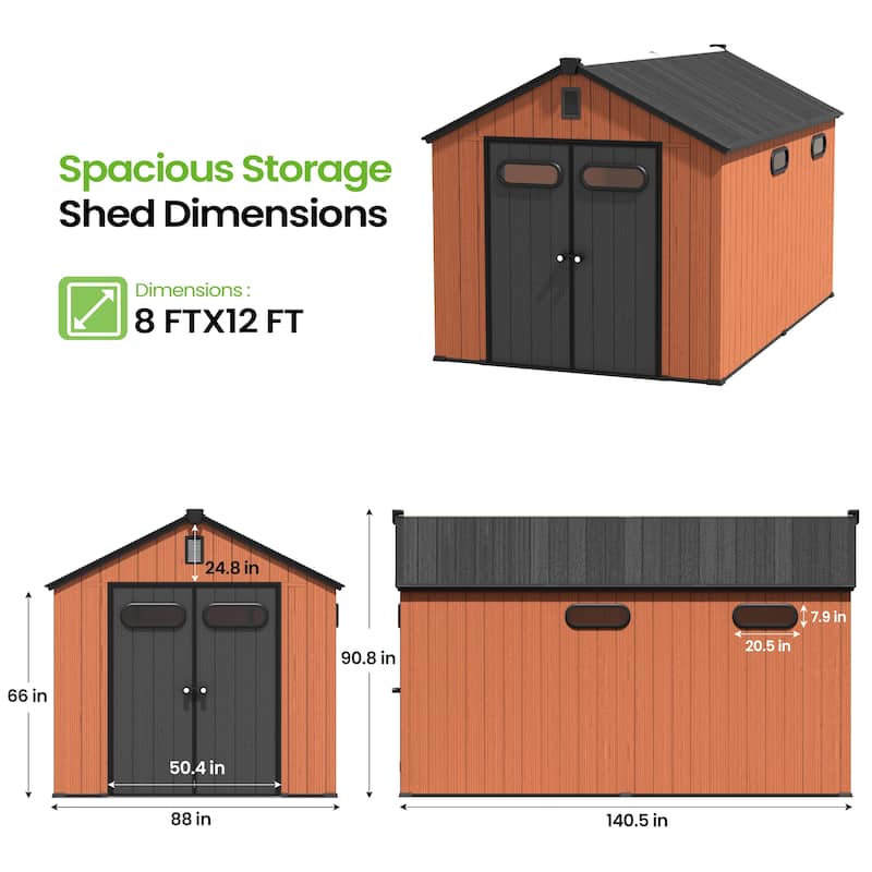 VredHom 8X8/8X10/8X12 FT All-Weather Outdoor Resin Storage Shed with Windows Floor for Patio Furniture and Tools