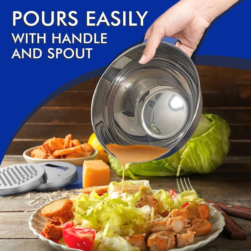 Mixing Bowls with Lids Set - Nesting Bowls with Graters, Handle, Pour Spout, Airtight Lids - Stainless Steel Non-Slip Bowls
