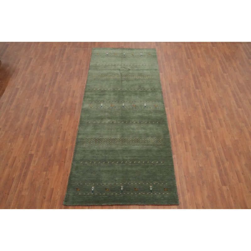 Hand Knotted Oriental 100% Wool Carpet Tribal Animal Pictorial Green Gabbeh Area Rug - 12' 1'' X 4' 11''