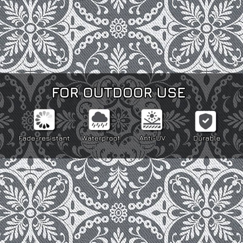 Reversible Outdoor Rug Gray White Floral Waterproof Foldable Camping RV Patio Picnic Mat - 107.75" W x 143.75" L