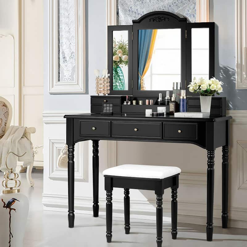 Tri-folding Mirror Vanity Table Set with Stool