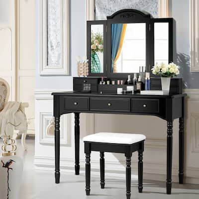 Tri-folding Mirror Vanity Table Set with Stool