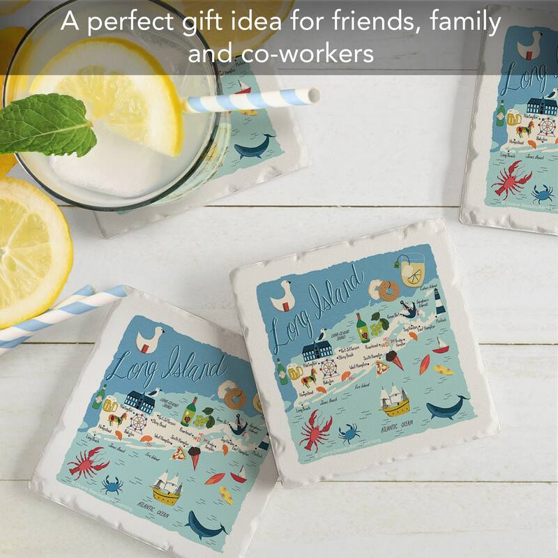 Long Island Home 4-Pack Absorbent Stone Coasters with Protective Cork Backing 4" Square Made in The USA Easily Wipes Clean