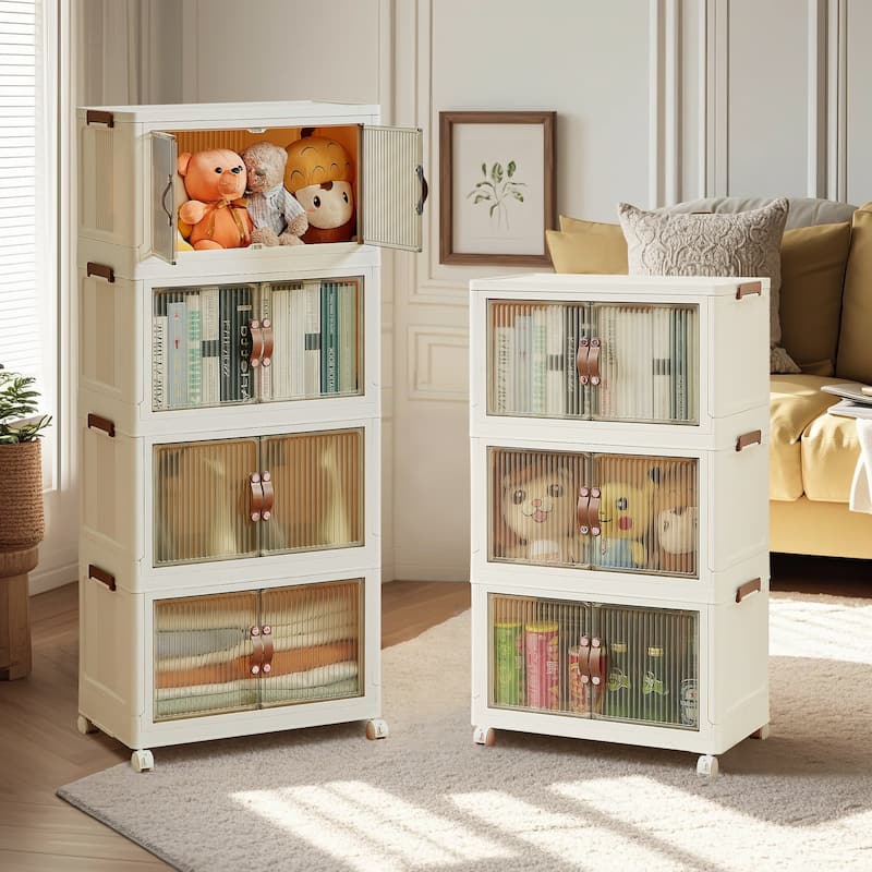 VECELO White PP Plastic Multifunctional Storage Bins with Lid 3/4/5 Tier Stackable Storage Bins with Wheels Magnetic Doors