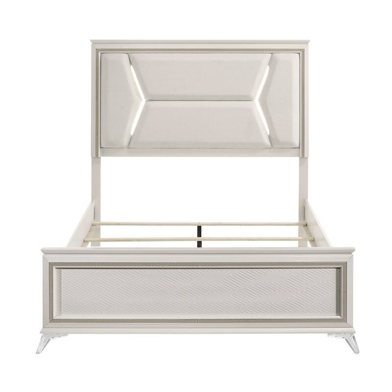 Modern Luxury Queen Size Platform Bed with LED Headboard, Chenille Upholstery and Gold Accents, Stylish Bedroom Furniture