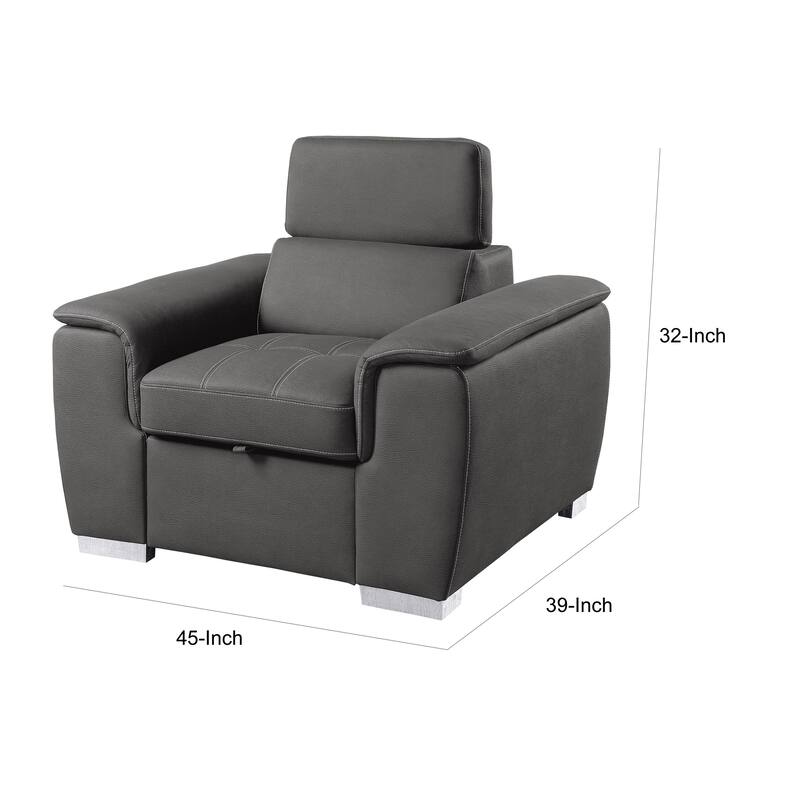 Rida 45 Inch Chair, Pull Out Ottoman, Adjustable Headrest, Solid Wood, Gray