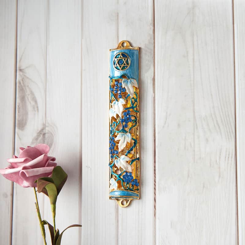 Matashi Hand Painted 6" Blue and Ivory Enamel Grape Mezuzah Embellished with Gold Accents and High Quality Crystals Home Decor