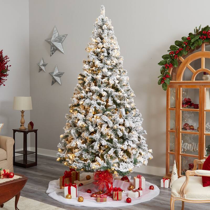 10' Pre-Lit Flocked West Virginia Fir Artificial Christmas Tree, Warm Clear LED Lights - over-10-feet