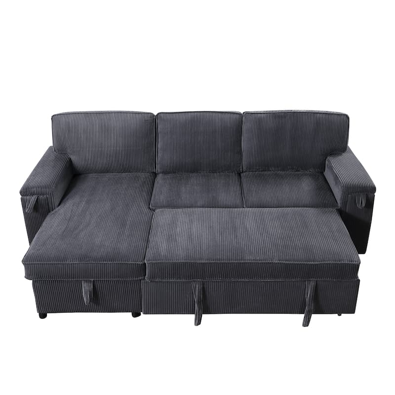 Pull Out Sleeper Sectional Sofa Bed Corduroy L-shaped Couch with Reversible Storage Chaise, Side Pockets and Hidden Cup Holders