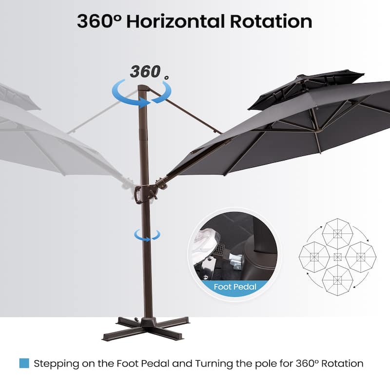 11 FT Outdoor Solar-Powered LED Light Aluminum Double Top Patio Cantilever Umbrella with Fillable Base