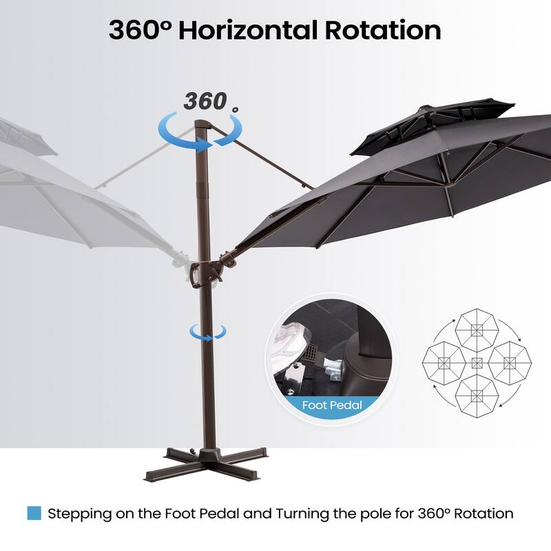 11 ft Outdoor Aluminum Dual Top Solar Powered LED Lighted Patio Cantilever Umbrella and Weighted Base