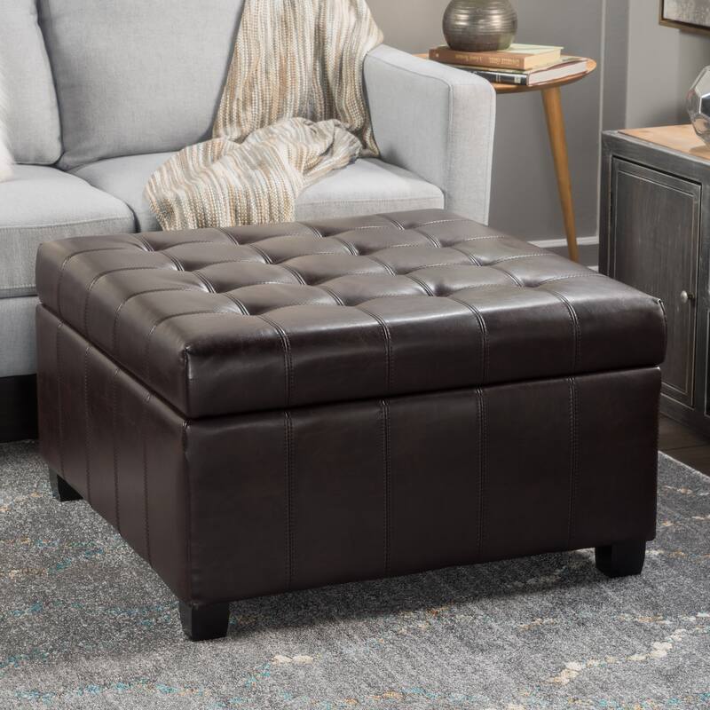Upholstered Tufted PU Leather Storage Ottoman, Dark Brown