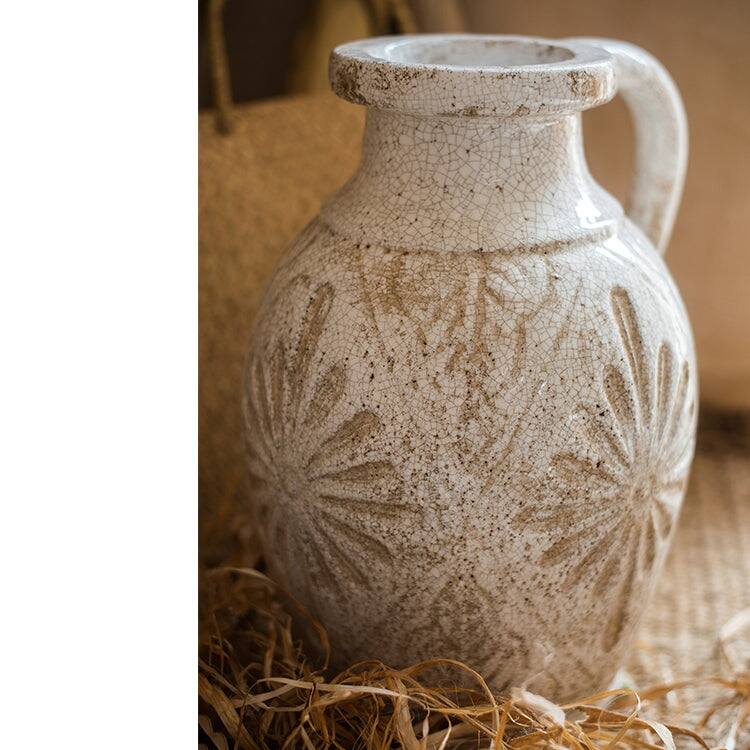 RusticReach Carved Floral Vase in White