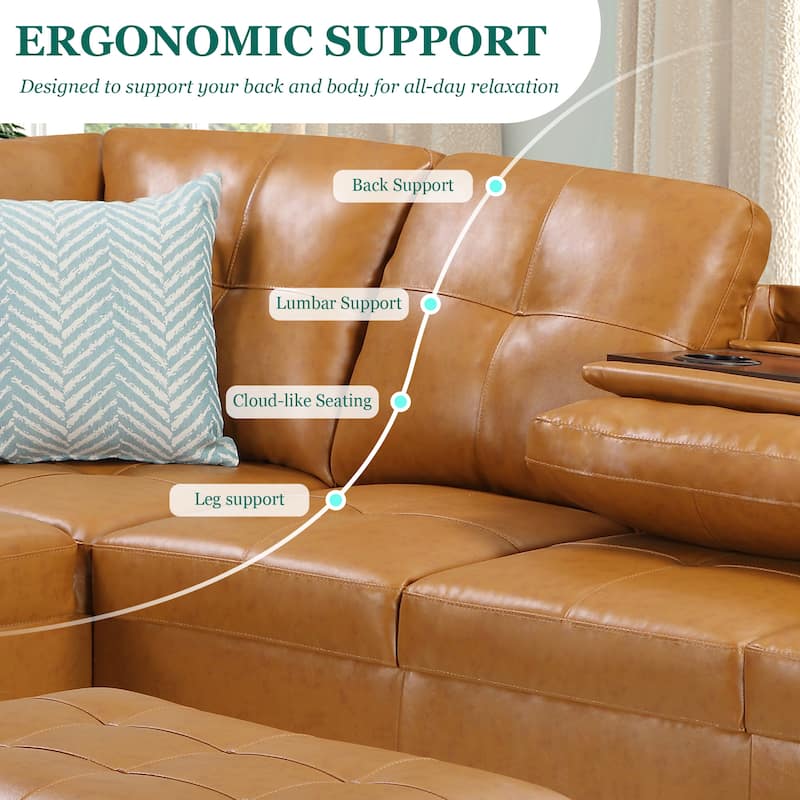 HOMEFUN Linen/Leather Upholstered L-Shaped 4-seater Multifunctional Sectional Sofa with Storage Ottoman,Cup Holder