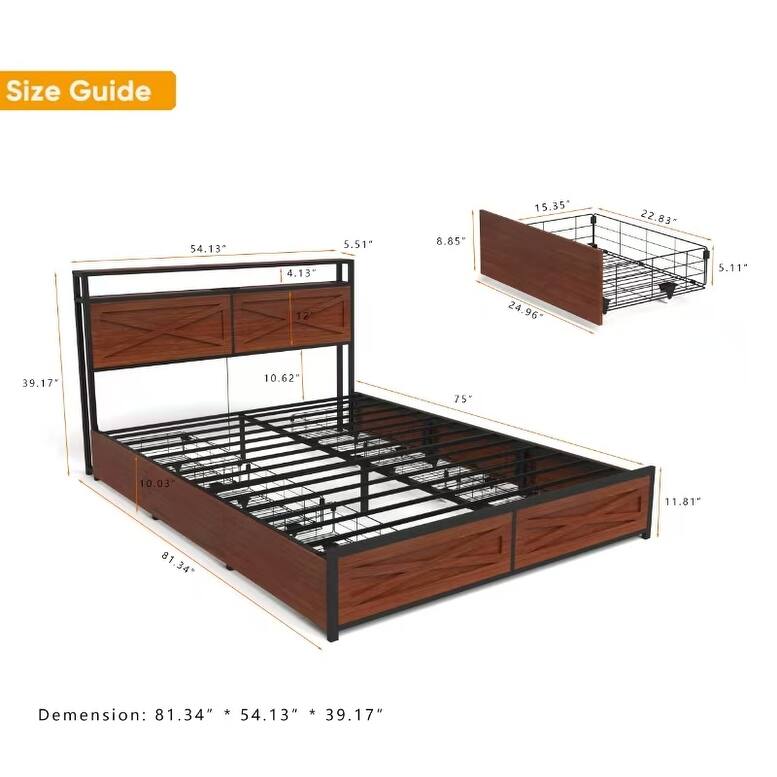 Full/Queen Bed Frame with Storage Headboard, LED Lights, Charging Station, 6 Drawers, No Box Spring Needed