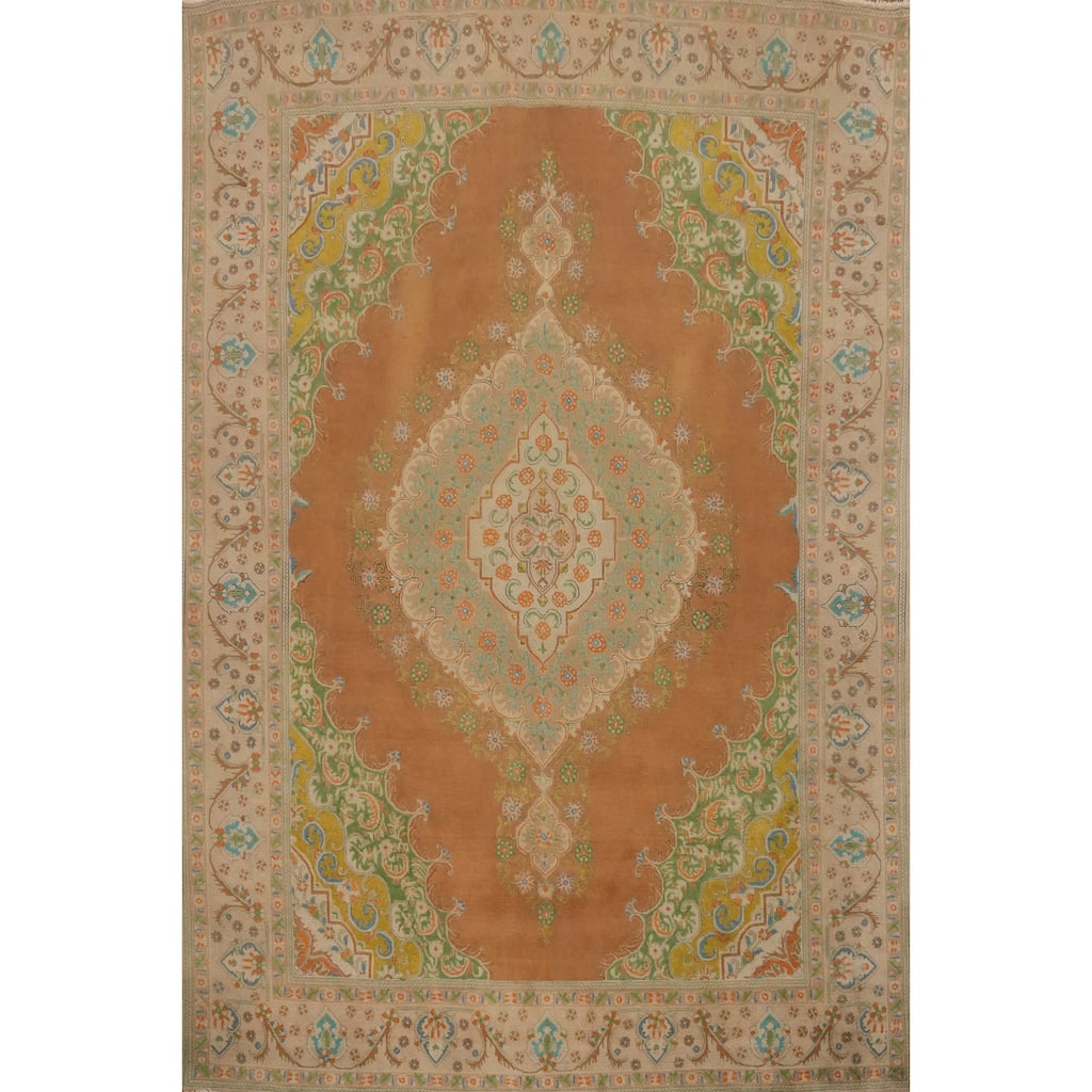 Hand Knotted Oriental 100% Wool Carpet Traditional Medallion Oranges & Rust Tabriz Area Rug - 12' 9'' X 9' 9''
