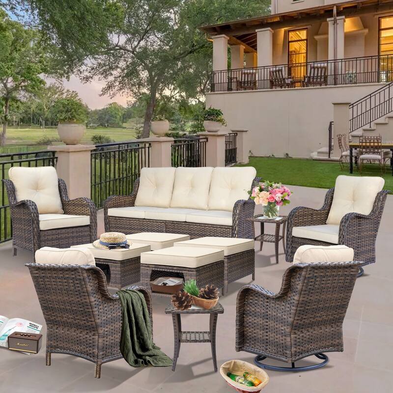 Patio Conversation Sets-Wicker Patio Furniture Sets with Swivel Chairs - 11 Piece - Cream