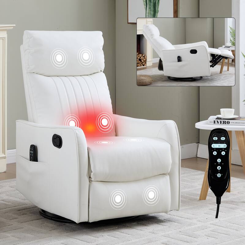 Heat Massage Manual Recliner Chair with Rocker and Swivel in Faux Leather for Living Room - White