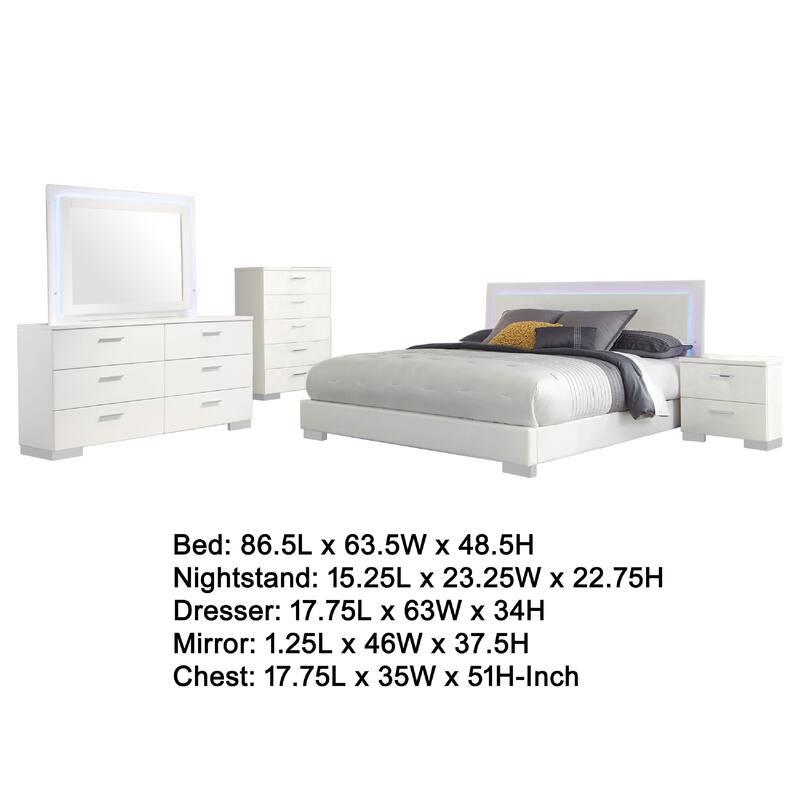 Sok 5pc Queen Bedroom Set, Faux Leather, Blue LED Lights, White Wood