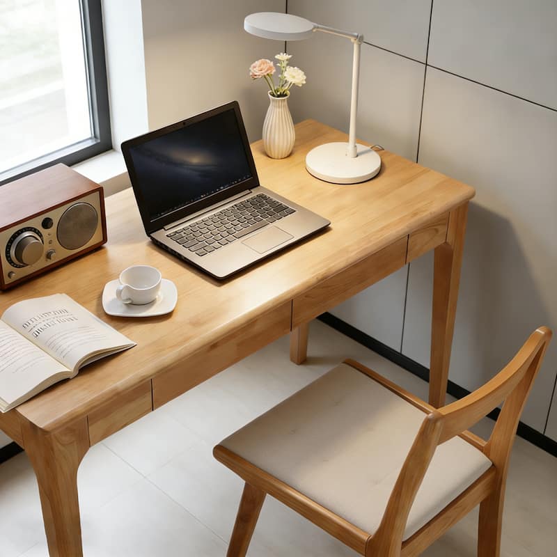 Solid Wood Desk with Drawers, Standing Desk with Smooth Edges, Home Office Desk for Small Spaces, for Bedroom, Living Room