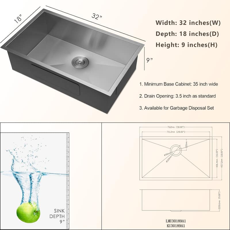 25/30/32/33 inch Stainless Steel Undermount Single Bowl Kitchen Sink