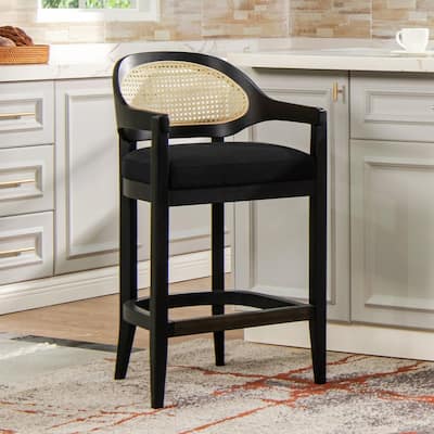 Americana Mid-Century Modern 30.5" Cane Back Bar Stool, Jet Black