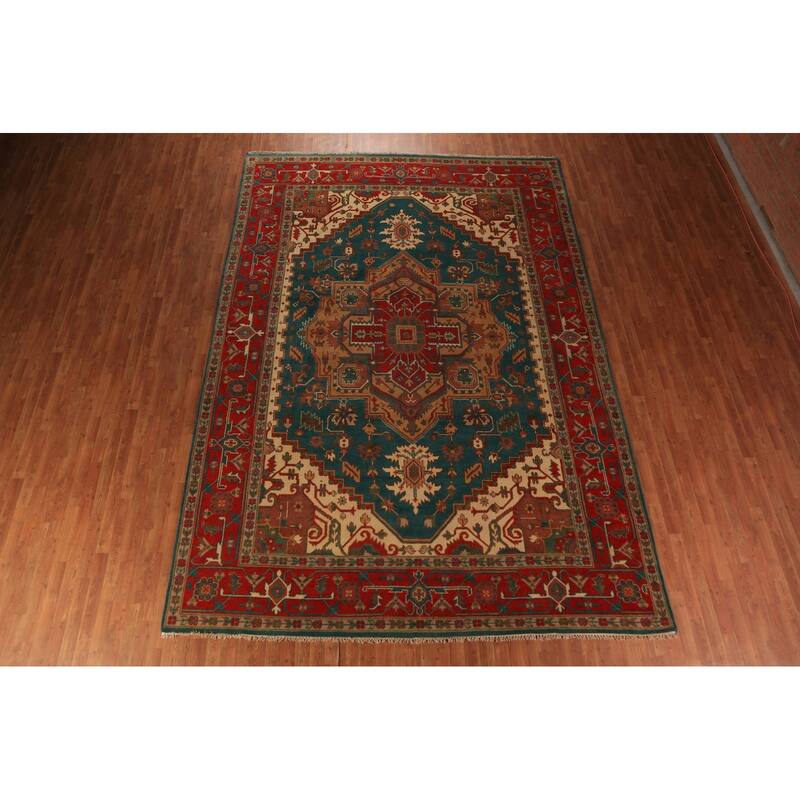 Green Medallion Oushak Indian Large Rug Hand-Knotted Wool Carpet - 9'7"x 13'9"
