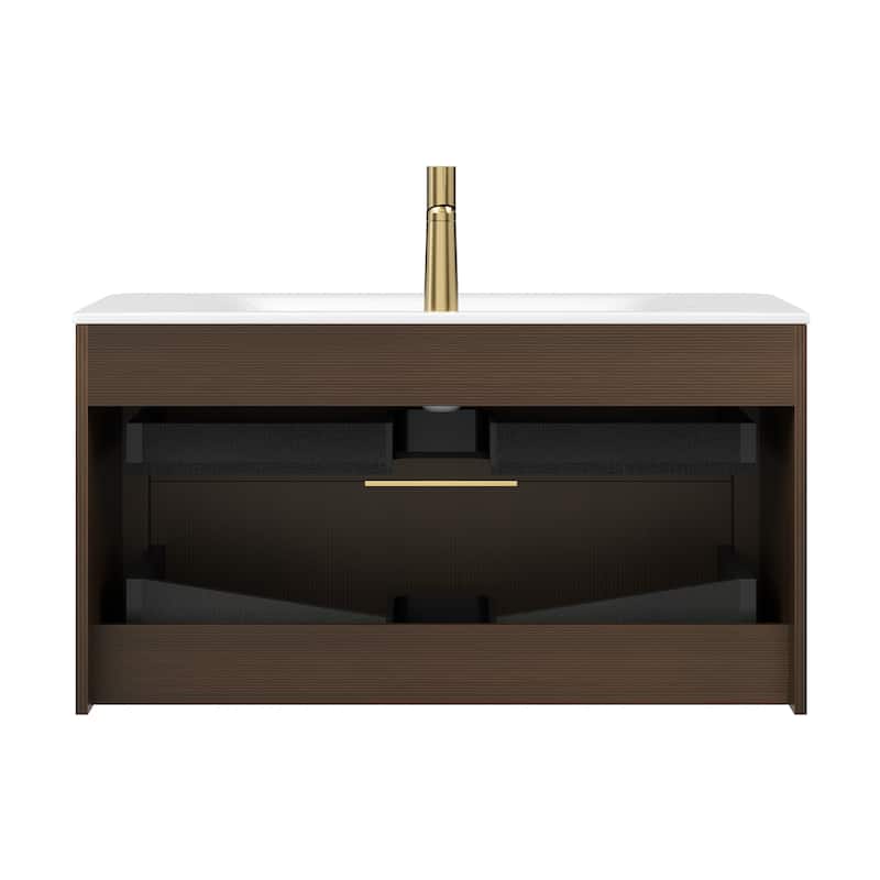 GDF Studio - Zane Bathroom Vanity with Ultra-Pinstriped Drawer Fronts & Carrara White Sintered Stone Basin, WITHOUT Faucet