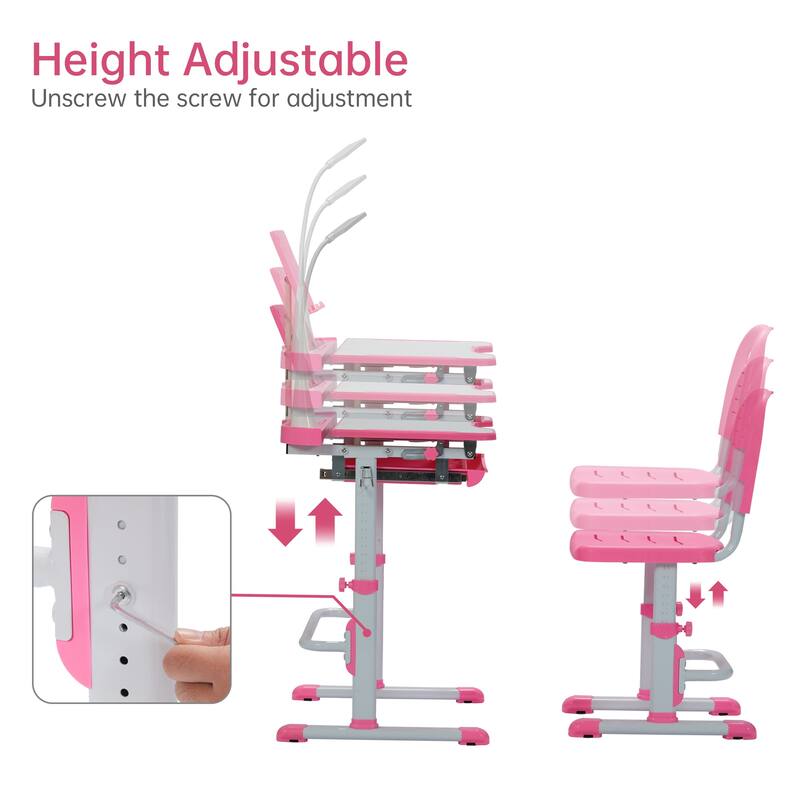 Ukuowu Height Adjustable Child's School Study Kids Desk and Chair Set with Tilt Desktop, LED Light, Storage Drawer, Book Stand