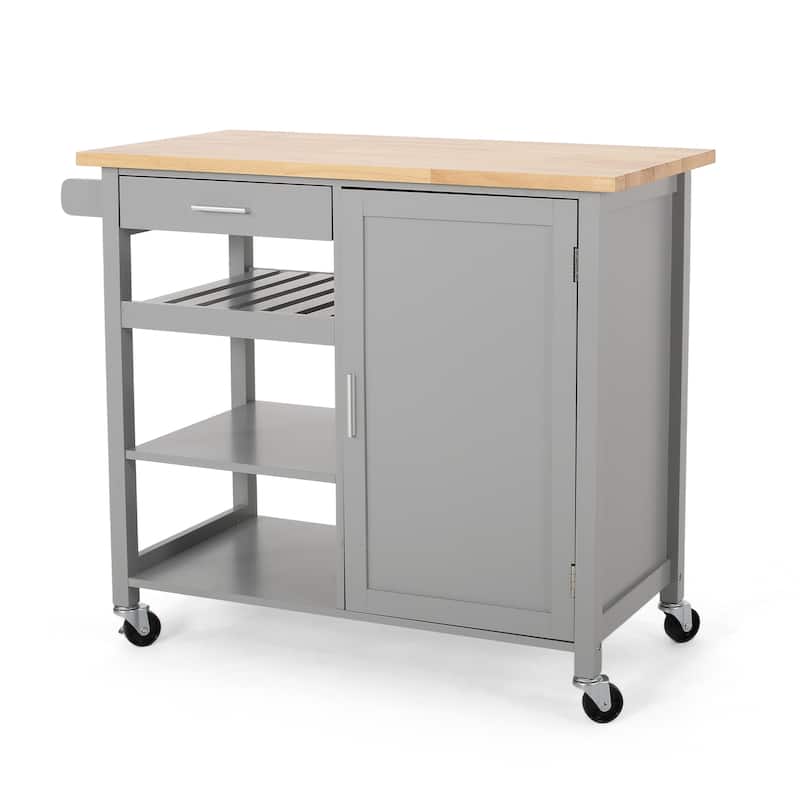 Contemporary Kitchen Cart with Rubberwood Top, Multi-Function Storage Drawer, Open Shelves, Rolling Casters with Locks